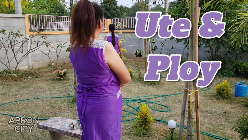 Lila Dederon Kittelschürzen an Ute und Ploy beim Giessen #154